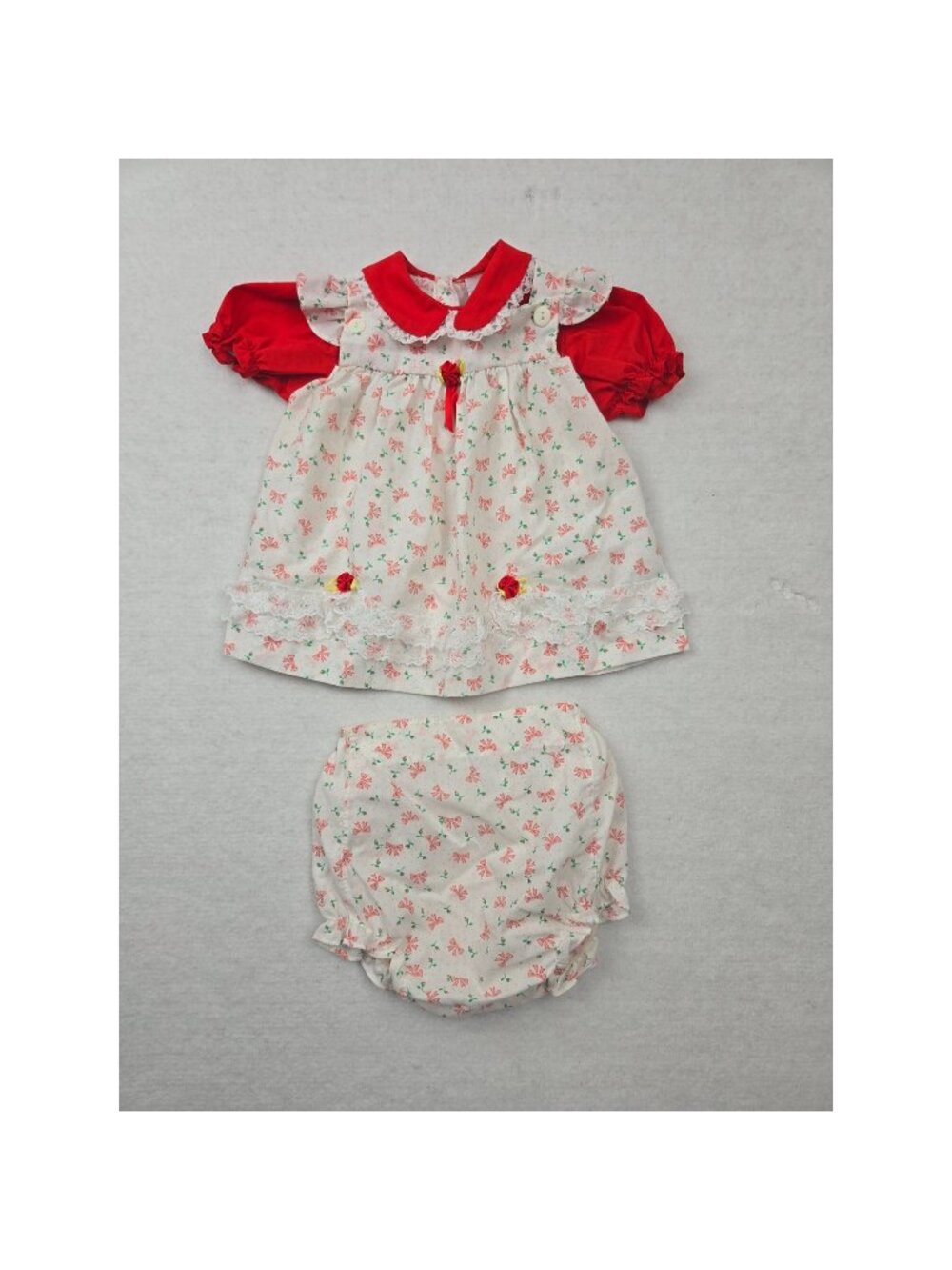 Vintage Baby Dress Set 6–9 Months Red Floral Lace Trim Bloomers RN# 50225